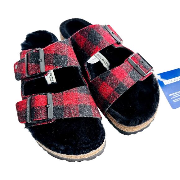 Birkenstock Arizona Shearling Red/Black Buffalo Check Plaid NEW Size 37 US 6/6.5 - Picture 2 of 4